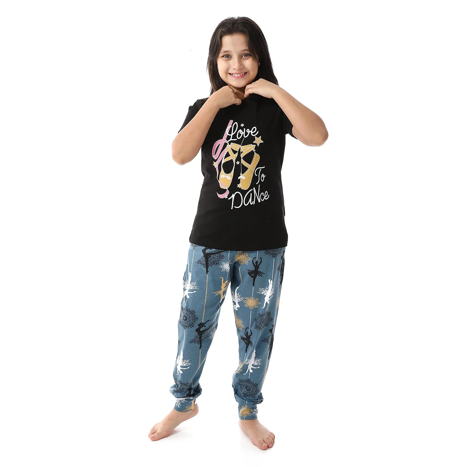 Girls' Cotton Pajama Set (Love To Dance) Summer Sleepwear - Black