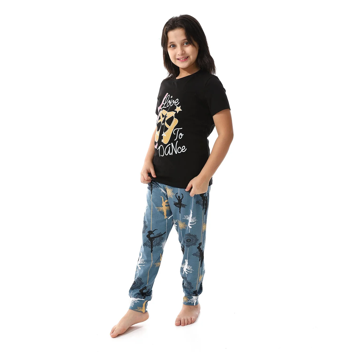 Girls' Cotton Pajama Set (Love To Dance) Summer Sleepwear - Black