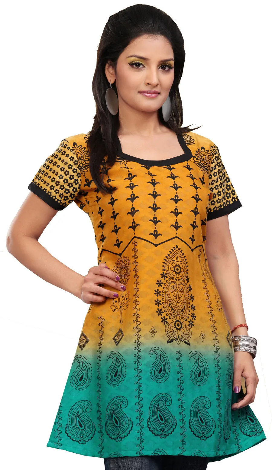 India Cotton Tunic Top Kurti Womens Printed Blouse Indian Apparel (Orange)