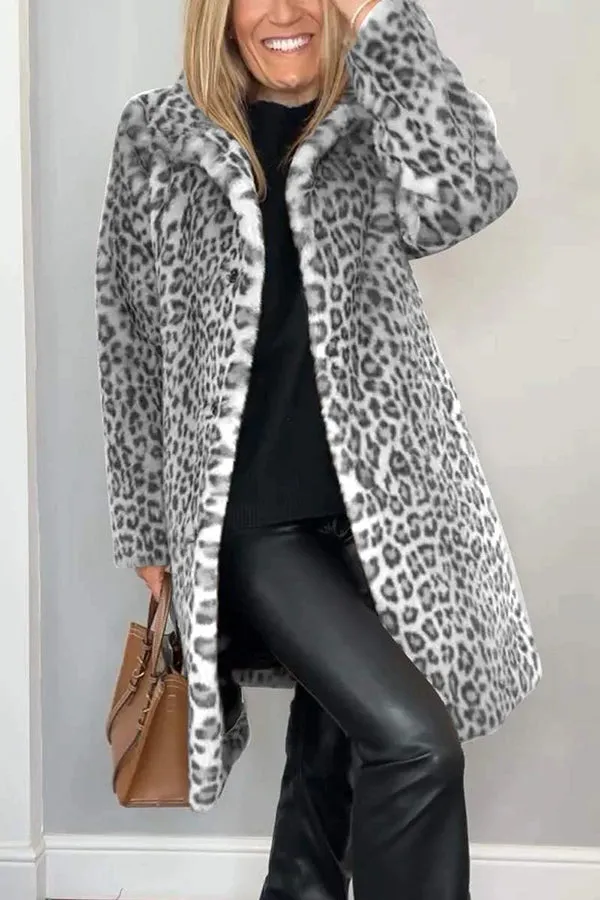 Leopard Print Lapel Long Sleeve Mid-length Plush Coat