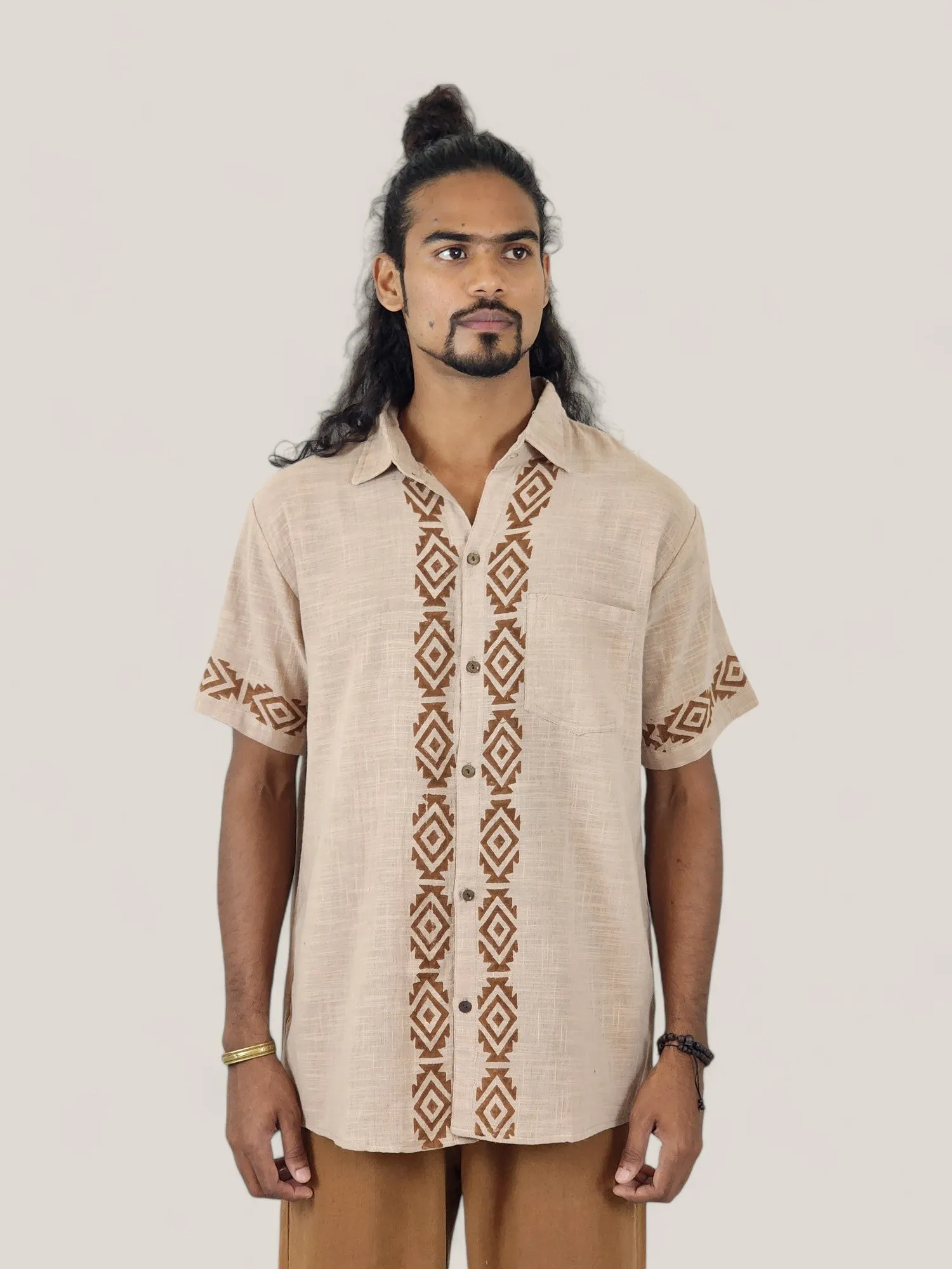 Men's Dusty Rose Organic Linen Short Sleeve Block-Printed Button-Down Shirt