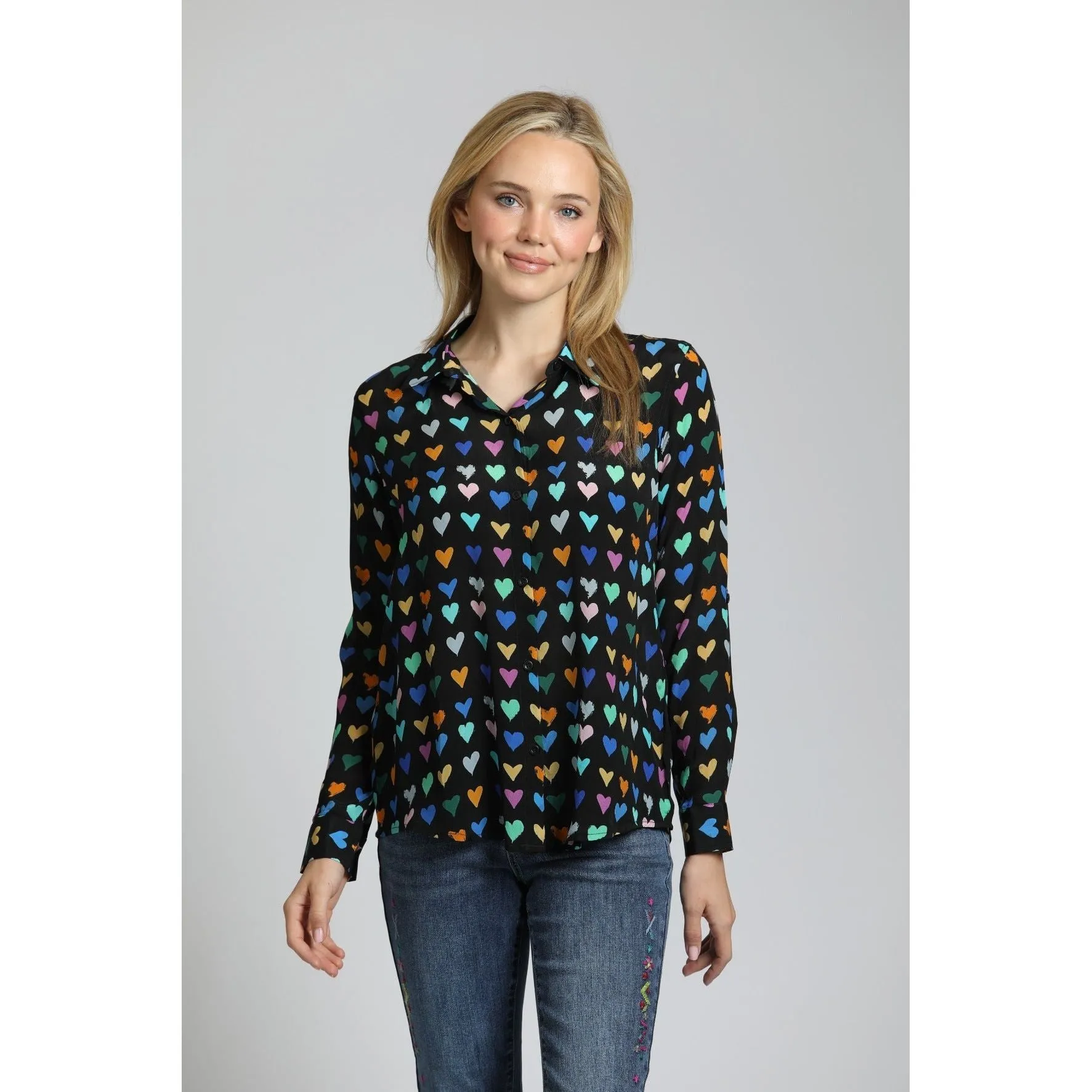 Multi-Color Heart Print Button Up Blouse