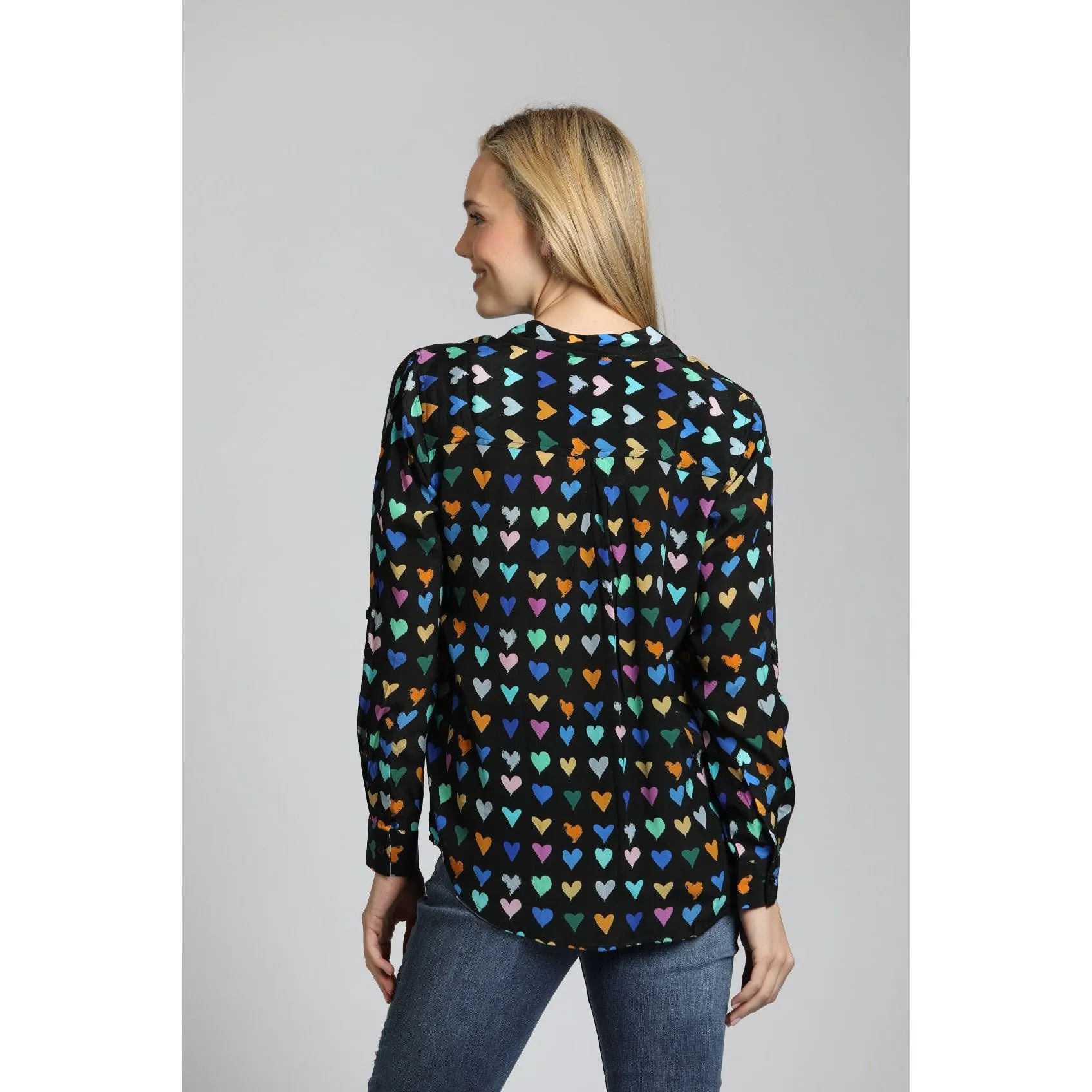 Multi-Color Heart Print Button Up Blouse