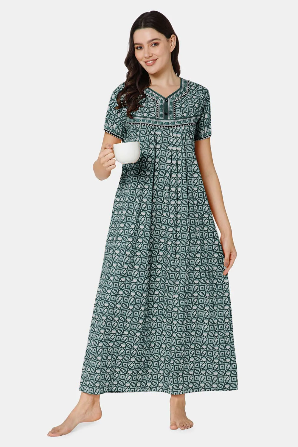 Naidu Hall Pleated Women's Nighty Full Length Half Sleeve  - Green - R126