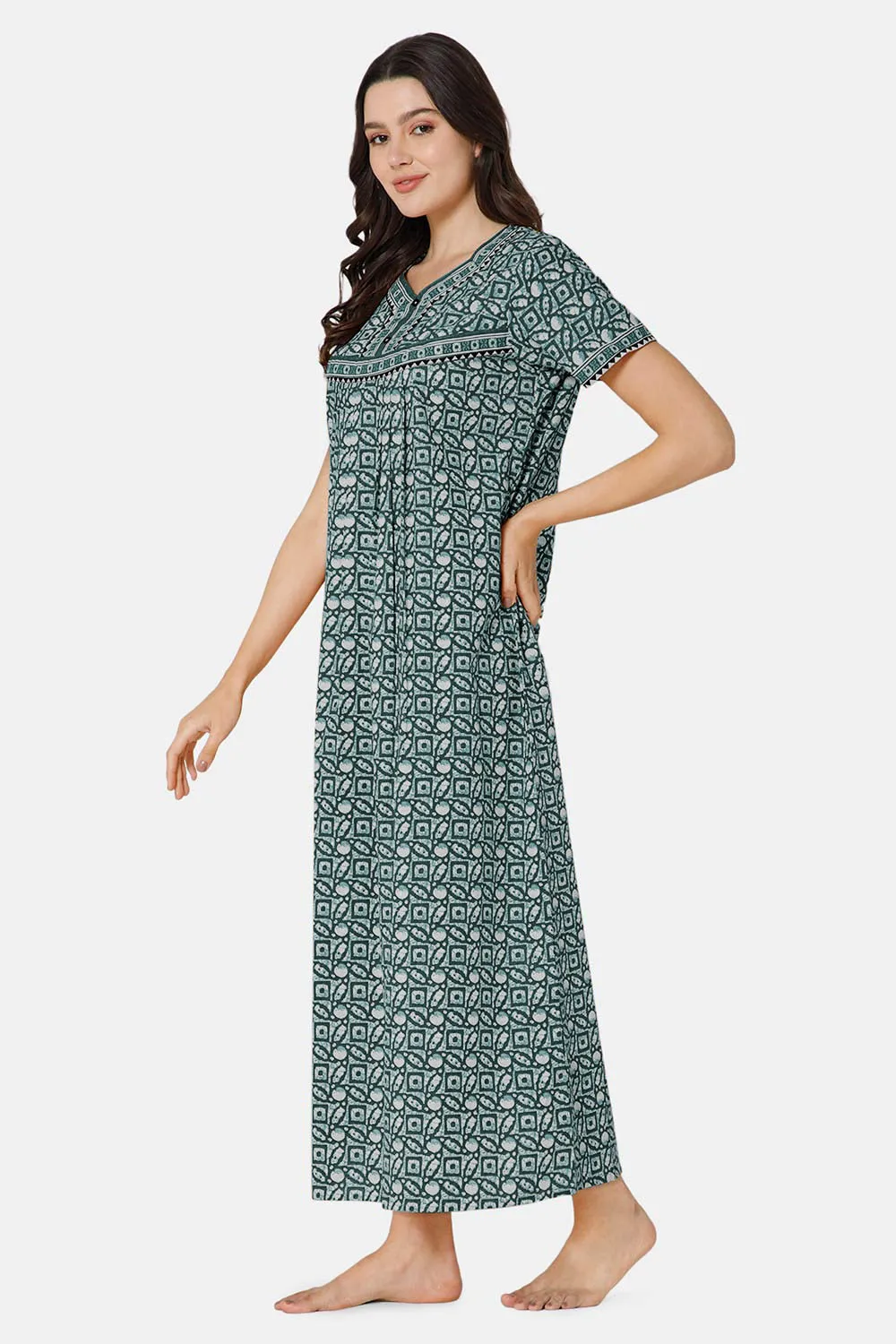 Naidu Hall Pleated Women's Nighty Full Length Half Sleeve  - Green - R126