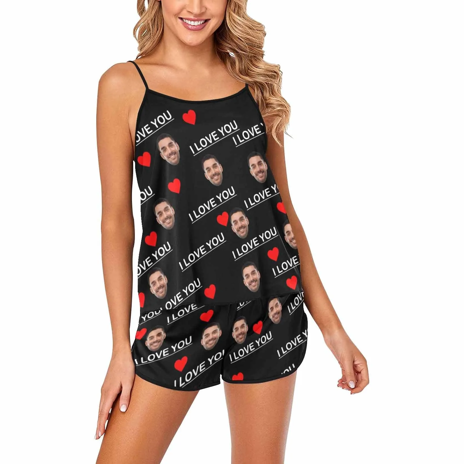 #Plus Size Pajama Set-Custom Boyfriend Face Sleepwear Personalized Women's Sexy Cami Pajama Set Honeymoon Gift