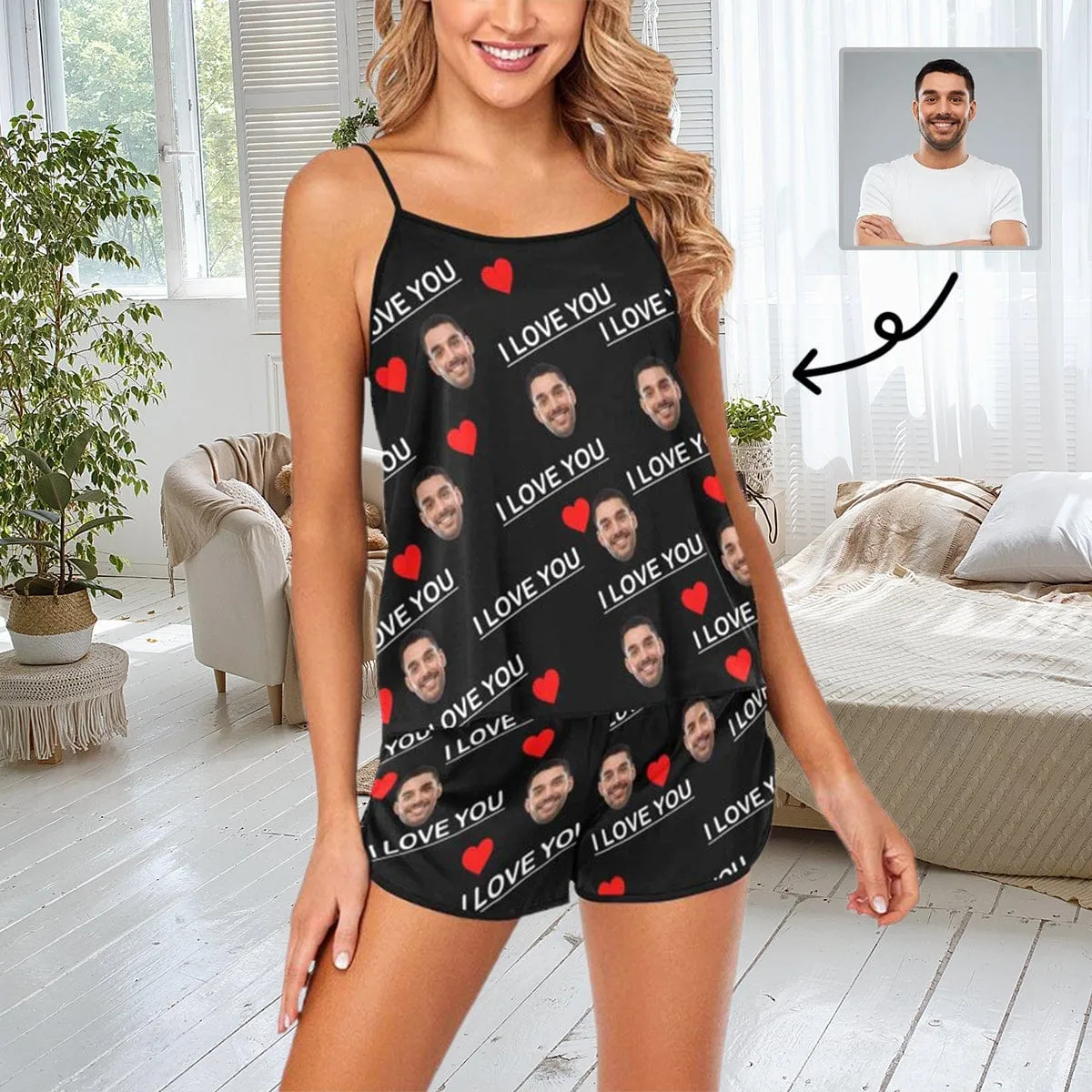 #Plus Size Pajama Set-Custom Boyfriend Face Sleepwear Personalized Women's Sexy Cami Pajama Set Honeymoon Gift