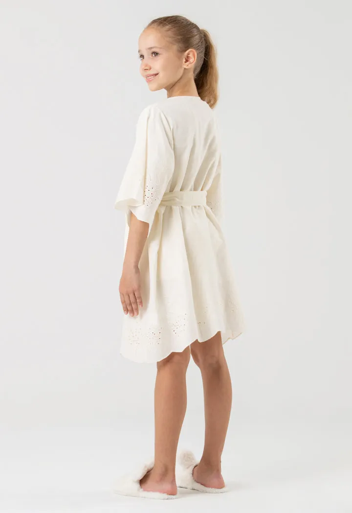 Schiffli Open Robe With Self Tie Waist Band