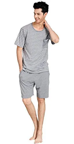 SUNTASTY MEN'S SUMMER SLEEPWEAR STRIPED SHORT SLEEVE PAJAMA SHORTS AND TOP SET(GREY,L,1001M)