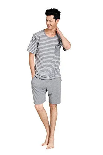 SUNTASTY MEN'S SUMMER SLEEPWEAR STRIPED SHORT SLEEVE PAJAMA SHORTS AND TOP SET(GREY,L,1001M)