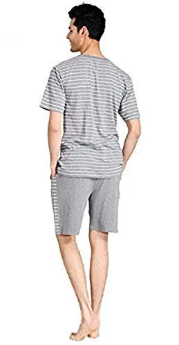 SUNTASTY MEN'S SUMMER SLEEPWEAR STRIPED SHORT SLEEVE PAJAMA SHORTS AND TOP SET(GREY,L,1001M)