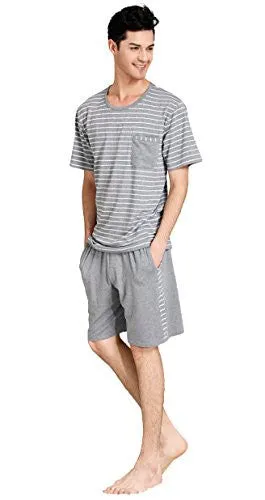 SUNTASTY MEN'S SUMMER SLEEPWEAR STRIPED SHORT SLEEVE PAJAMA SHORTS AND TOP SET(GREY,L,1001M)