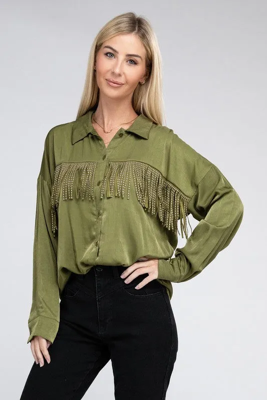 TEEK - Olive Green Fringe Trim Satin Shirt