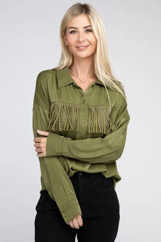 TEEK - Olive Green Fringe Trim Satin Shirt