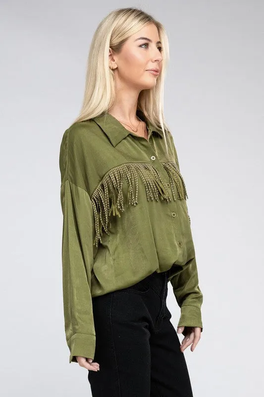 TEEK - Olive Green Fringe Trim Satin Shirt