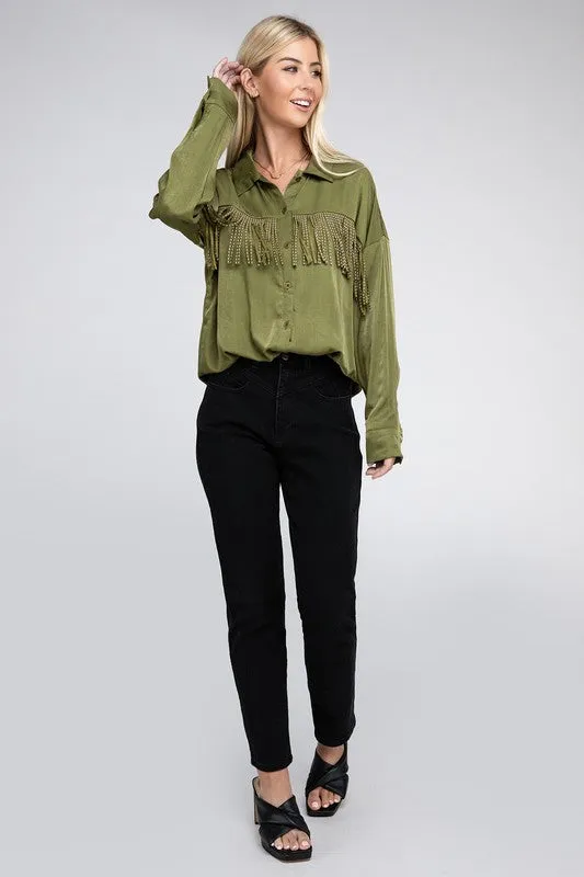 TEEK - Olive Green Fringe Trim Satin Shirt