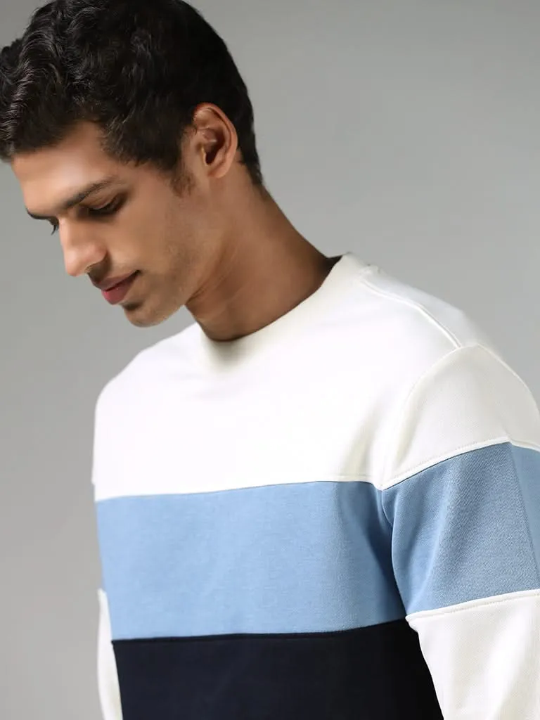 WES Casuals White & Navy Colour Blocked Relaxed-Fit Sweatshirt