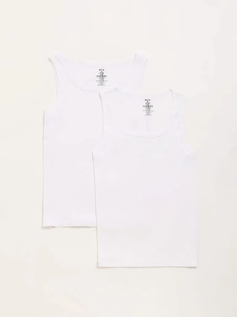 WES Lounge White Ribbed Cotton Vests - Pack of 2