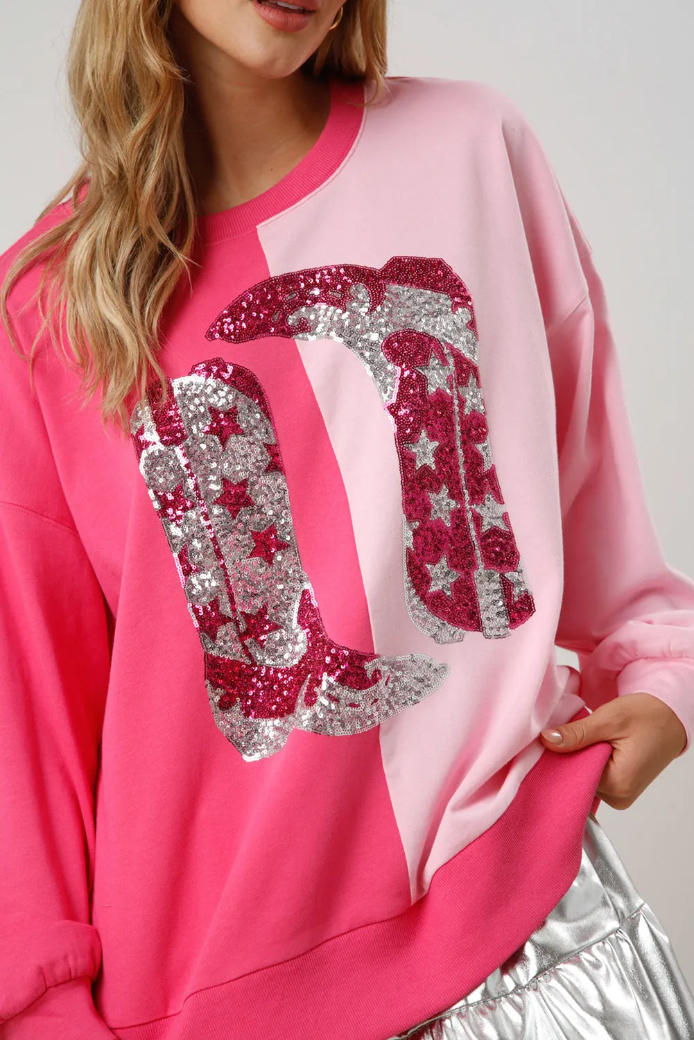 Women's Pink Color Block Sequined Cowgirl Boots Graphic Sweatshirt