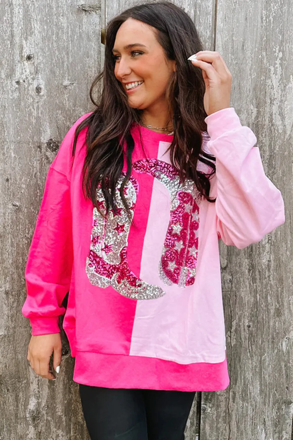 Women's Pink Color Block Sequined Cowgirl Boots Graphic Sweatshirt