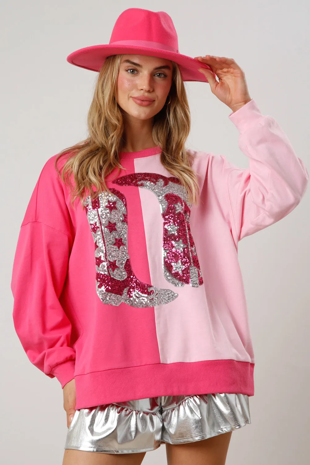 Women's Pink Color Block Sequined Cowgirl Boots Graphic Sweatshirt