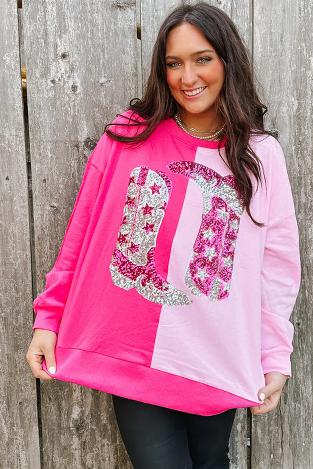 Women's Pink Color Block Sequined Cowgirl Boots Graphic Sweatshirt