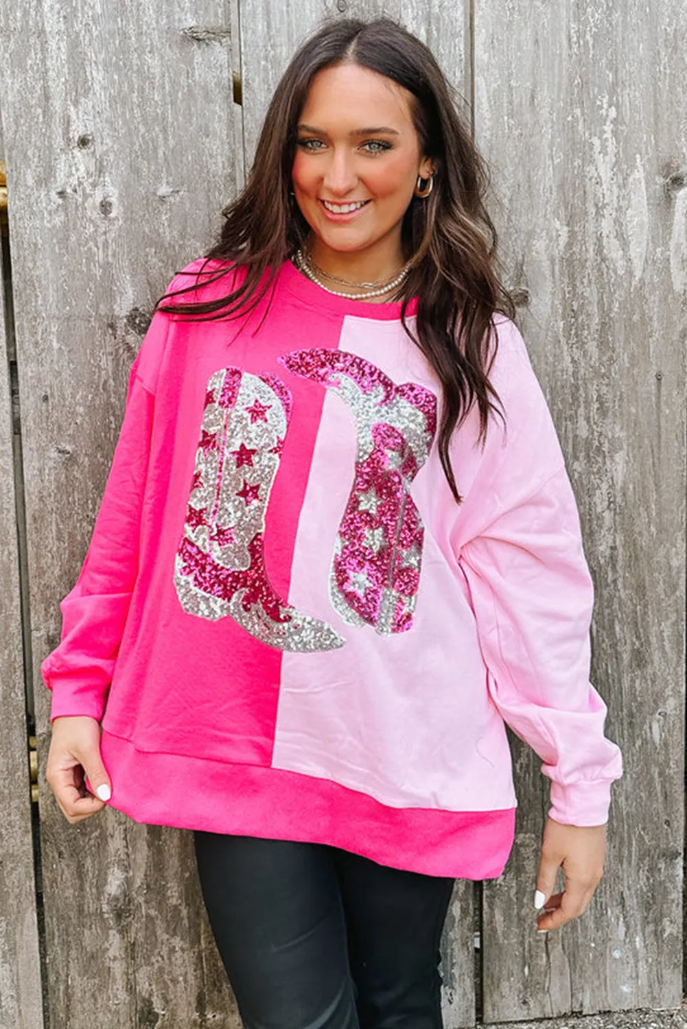 Women's Pink Color Block Sequined Cowgirl Boots Graphic Sweatshirt