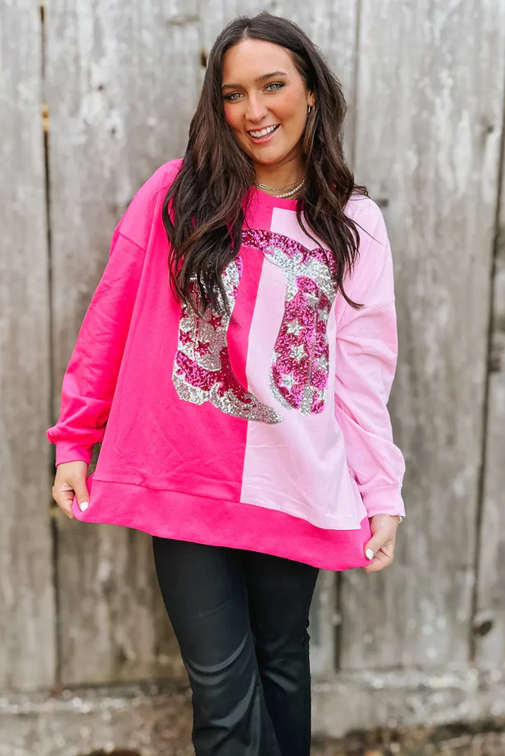 Women's Pink Color Block Sequined Cowgirl Boots Graphic Sweatshirt