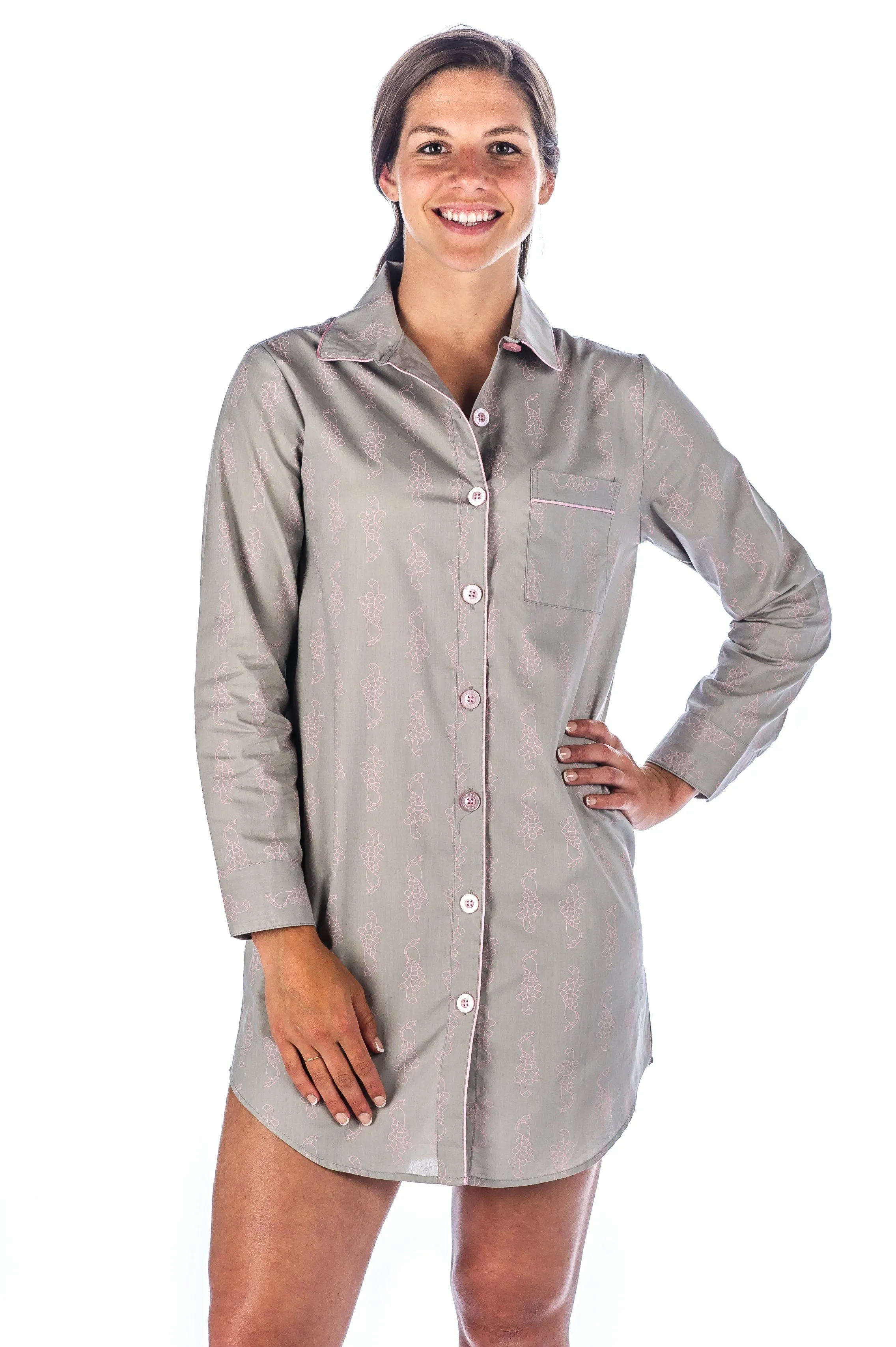 Womens Premium 100% Cotton Poplin Long Sleeve Sleep Shirt