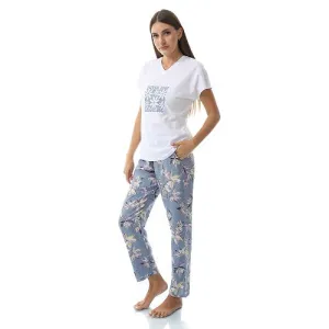 Women's Summer Sleepwear Set - Comfy Short Sleeve T-Shirt and Floral Viscose Pajama Pants