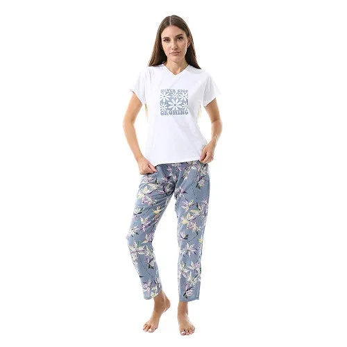 Women's Summer Sleepwear Set - Comfy Short Sleeve T-Shirt and Floral Viscose Pajama Pants