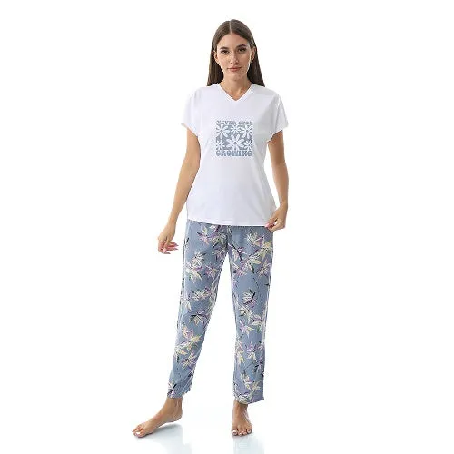 Women's Summer Sleepwear Set - Comfy Short Sleeve T-Shirt and Floral Viscose Pajama Pants