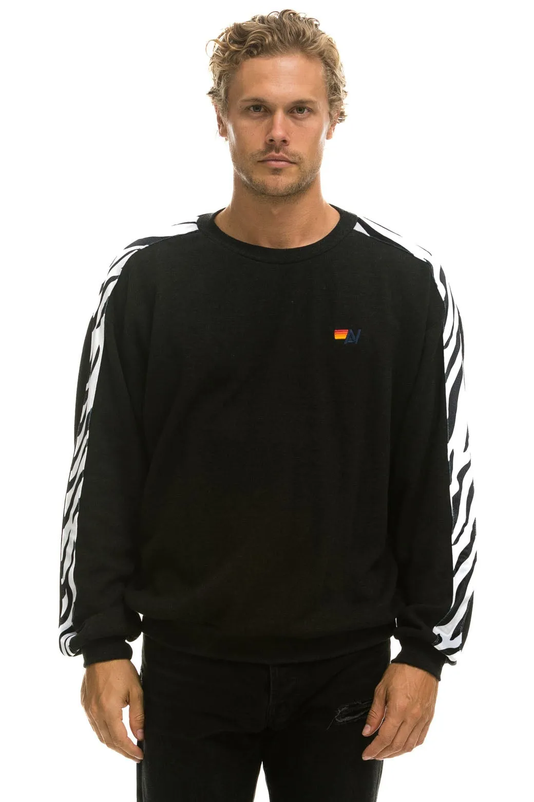 ZEBRA STRIPE RELAXED FIT CREW SWEATSHIRT - BLACK // ZEBRA